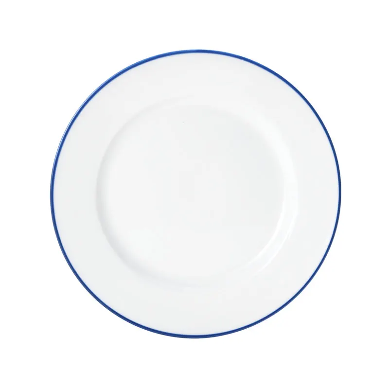Mikasa 5256482 China Plate, 8" Dia., Round, Wide Rim, White with Blue Band, Vitrified Porcelain