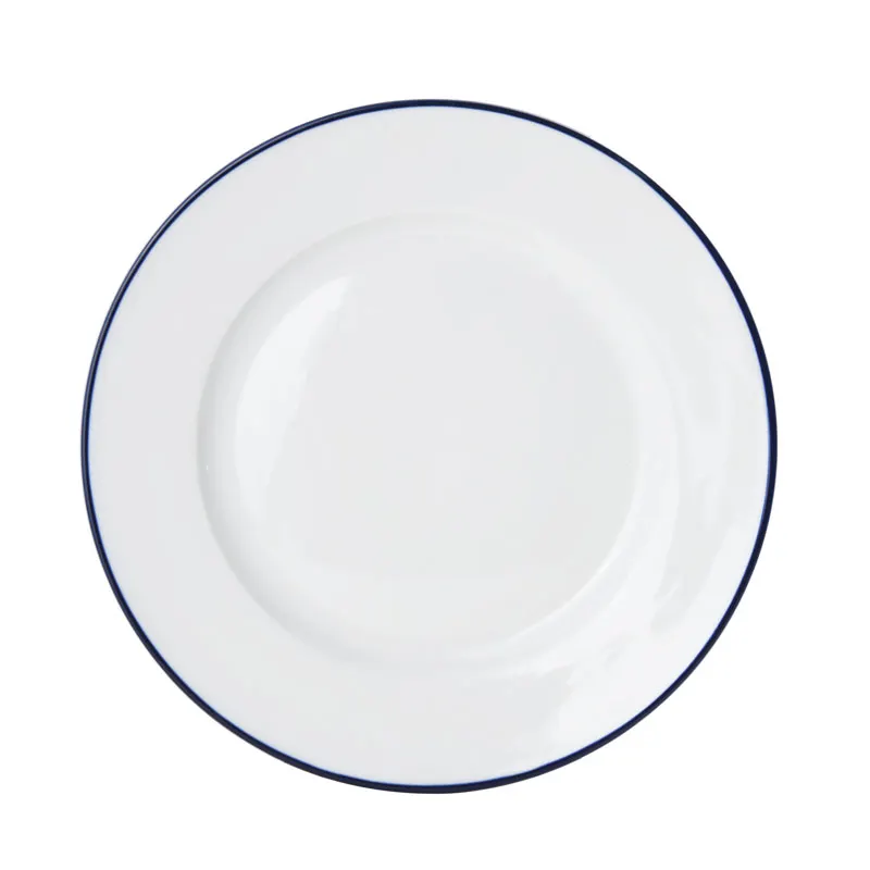Mikasa 5256484 China Plate, 9" Dia., Round, Wide Rim, Vitrified Porcelain, White with Blue Band