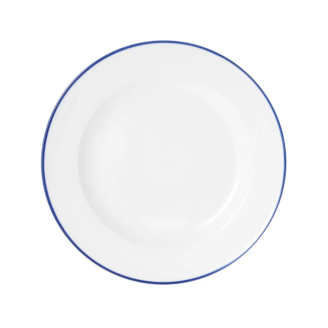 Mikasa 5256486 China Plate, 11" Dia., Round, Wide Rim, Vitrified Porcelain, White with Blue Band