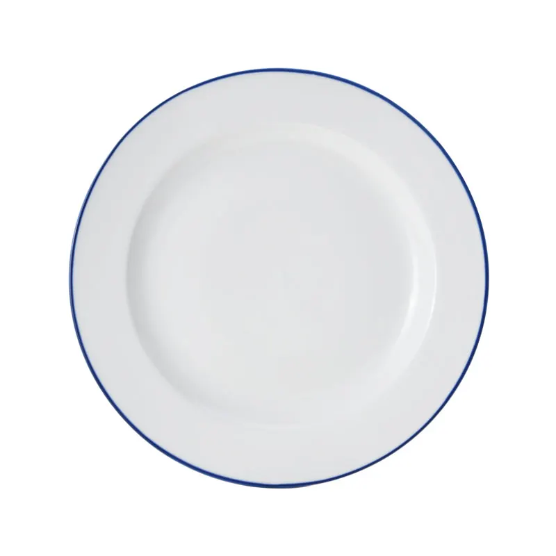 Mikasa 5256489 China Plate, 12" Dia., Round, Wide Rim, Vitrified Porcelain, White with Blue Band