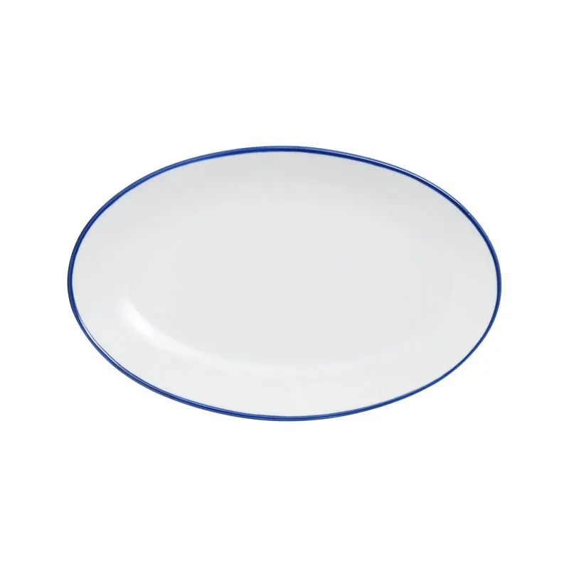 Mikasa 5256513 China Plate, Bistro Entree, Oval Coupe, 9.75" x 6.3", White with Blue Band, Porcelain