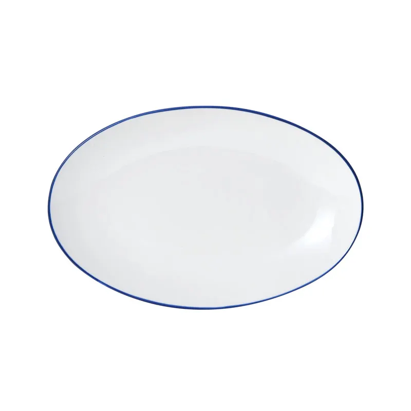 Mikasa 5256517 Bistro Entree Plate, Oval Coupe, 13-3/4"L x 8-7/8"W, White Blue Band, Porcelain