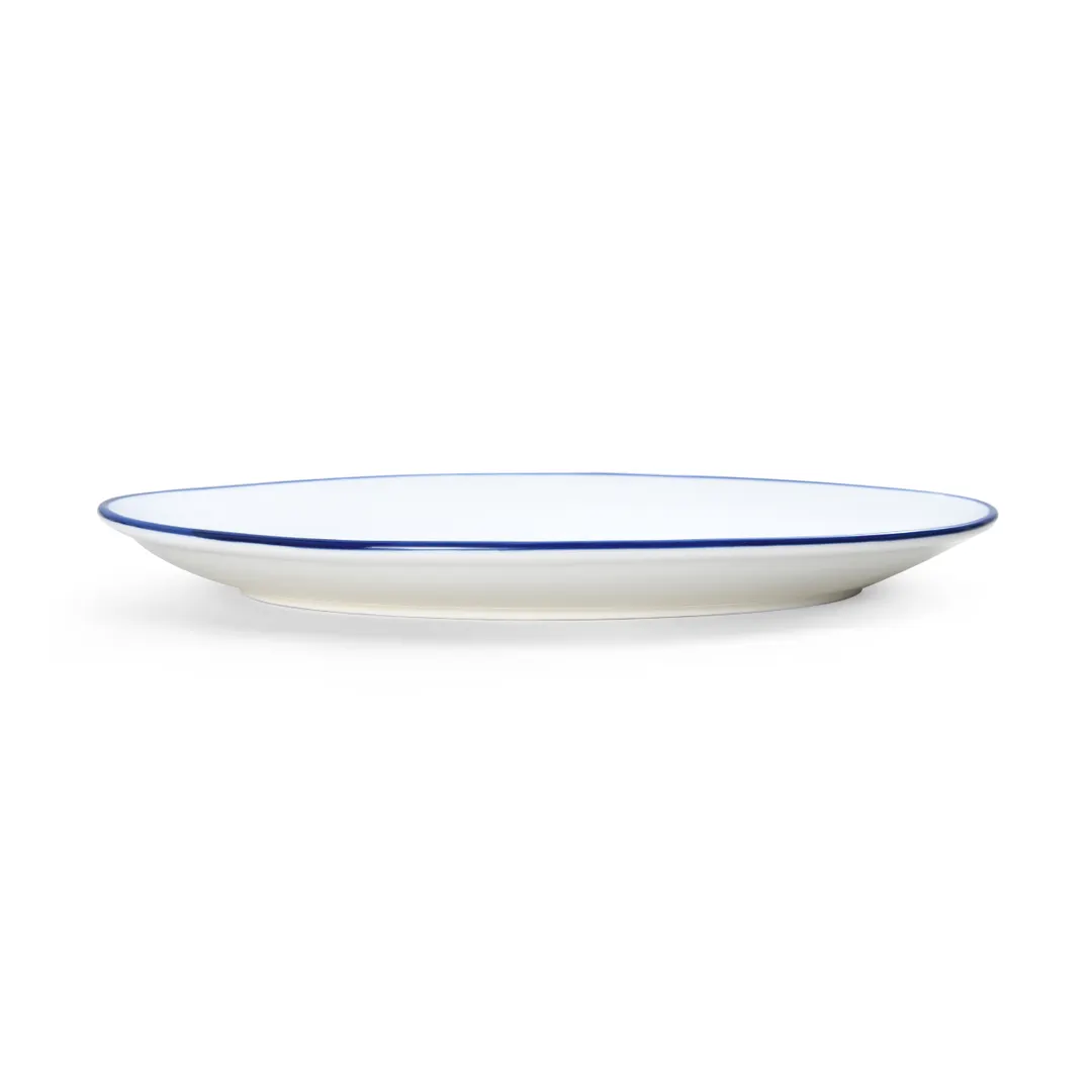 Mikasa 5256519 Bistro Entree, Oval Coupe Rim, 14" L x 10-1/16" W, White with Blue Band Porcelain