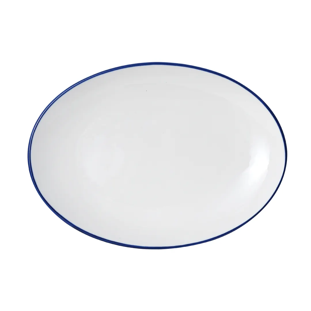 Mikasa 5256519 Bistro Entree, Oval Coupe Rim, 14" L x 10-1/16" W, White with Blue Band Porcelain