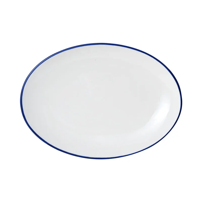 Mikasa 5256521 Bistro Entree Plate, Oval Coupe Rim, 16"L x 11-3/5"W, Porcelain, White with Blue Band