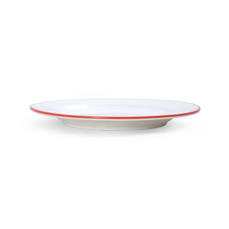 Mikasa 5260279 China Plate, 7" Dia., Round, Wide Rim, White with Red Band, Vitrified Porcelain
