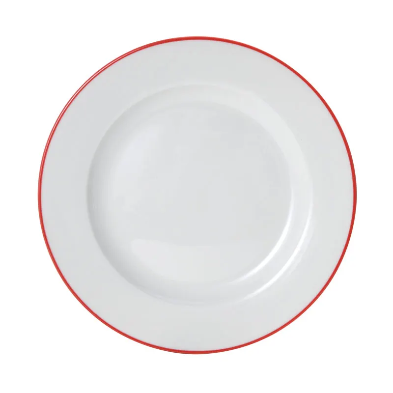 Mikasa 5260279 China Plate, 7" Dia., Round, Wide Rim, White with Red Band, Vitrified Porcelain