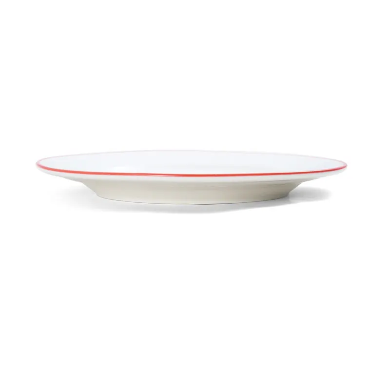 Mikasa 5260280 China Plate, 8" Dia., Round, Wide Rim, White with Red Band, Vitrified Porcelain