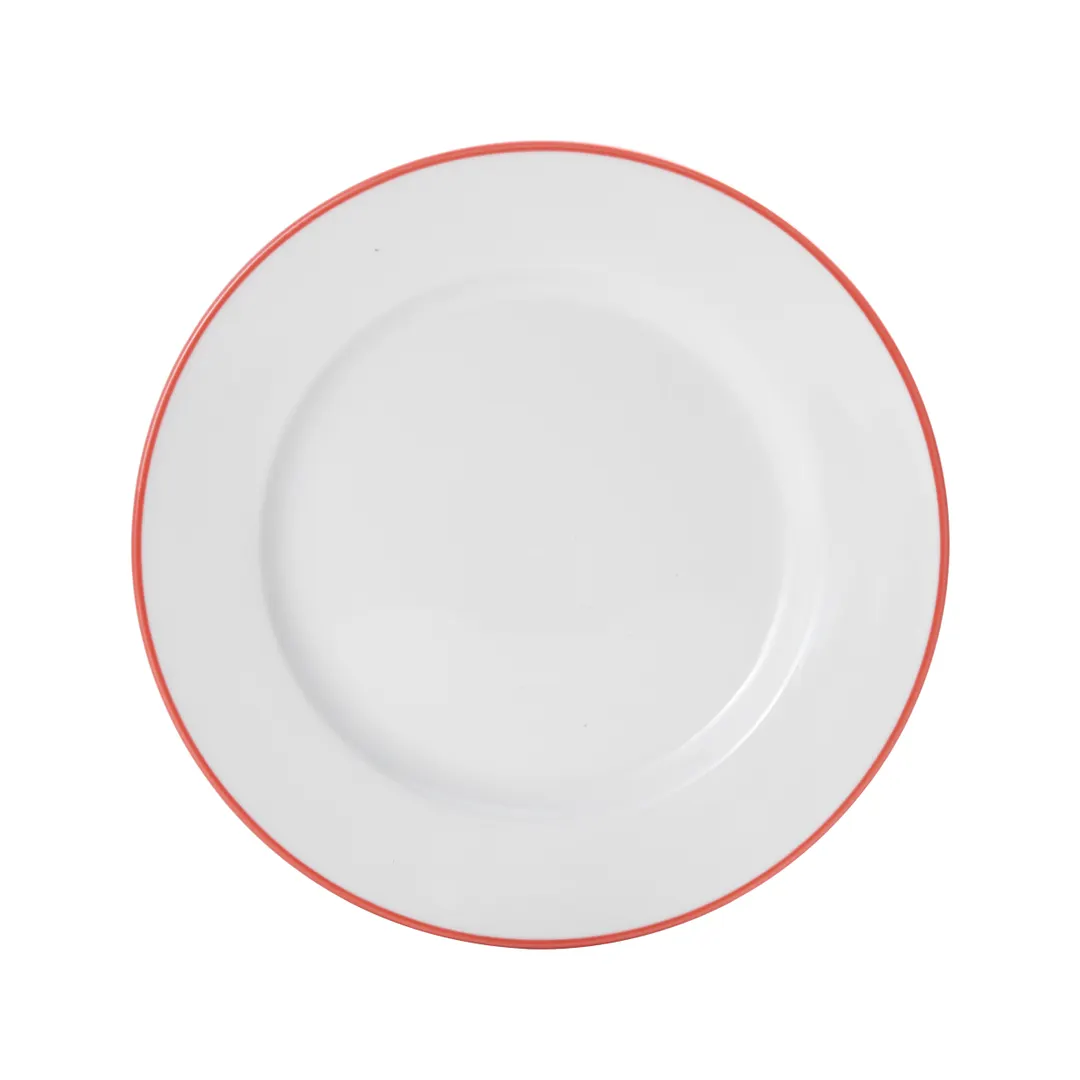 Mikasa 5260280 China Plate, 8" Dia., Round, Wide Rim, White with Red Band, Vitrified Porcelain