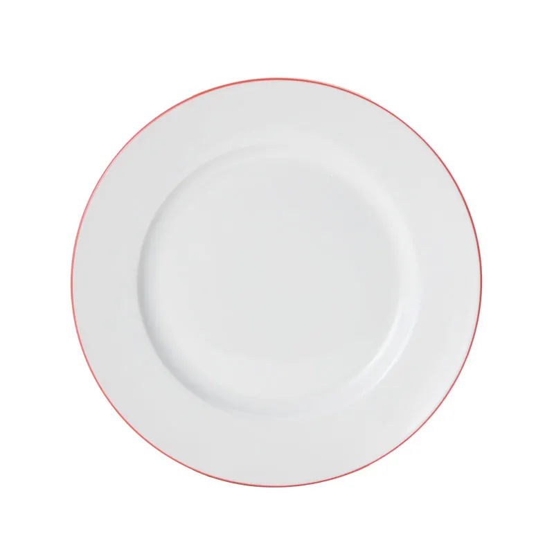 Mikasa 5260281 China Plate, 9" dia., Round, Wide Rim, Vitrified Porcelain, White with Red Band