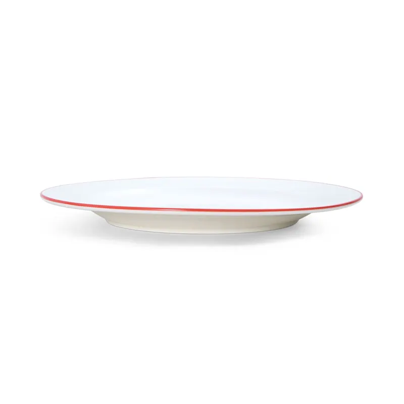 Mikasa 5260283 China Plate, 11" Dia., Round, Wide Rim, White with Red Band, Vitrified Porcelain