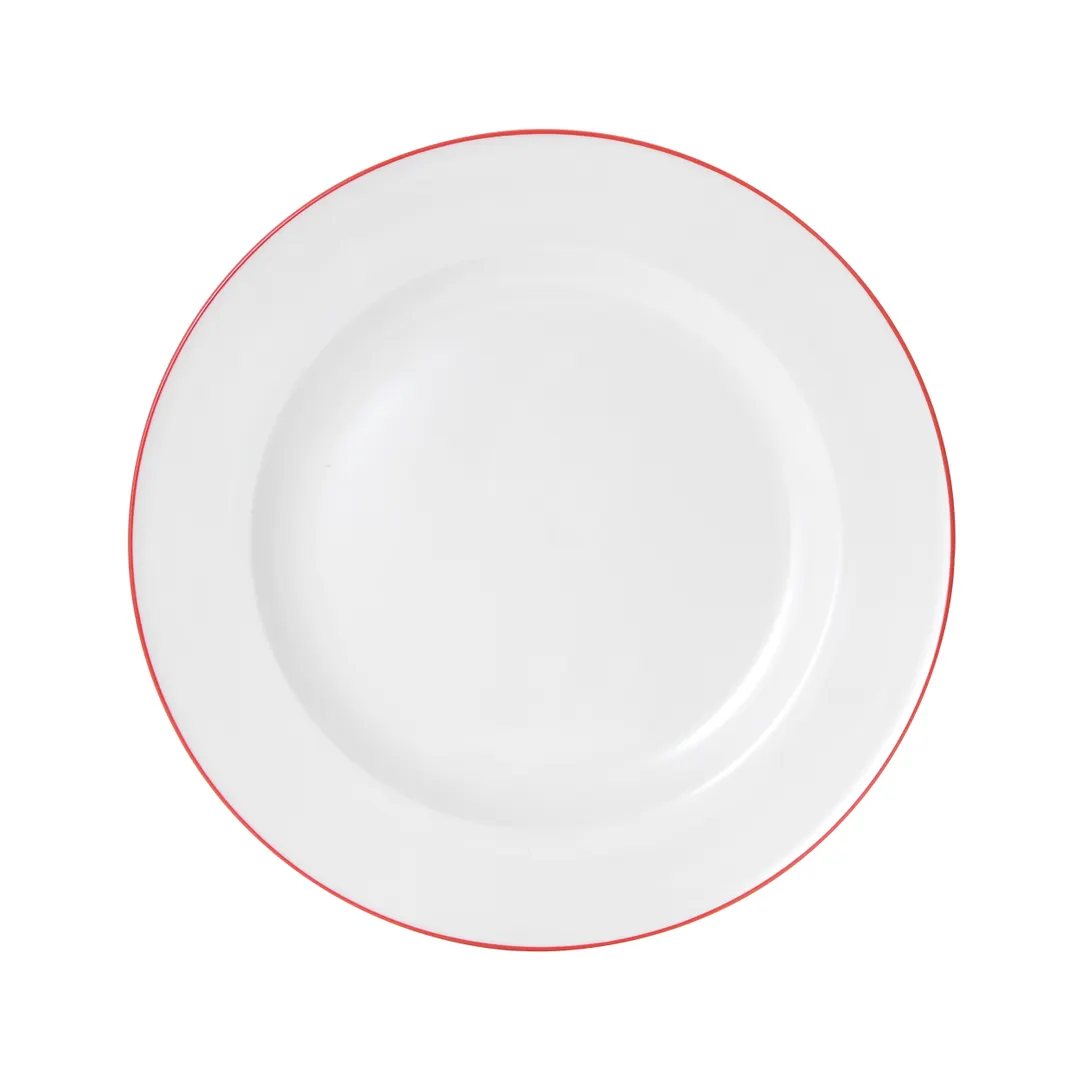 Mikasa 5260283 China Plate, 11" Dia., Round, Wide Rim, White with Red Band, Vitrified Porcelain