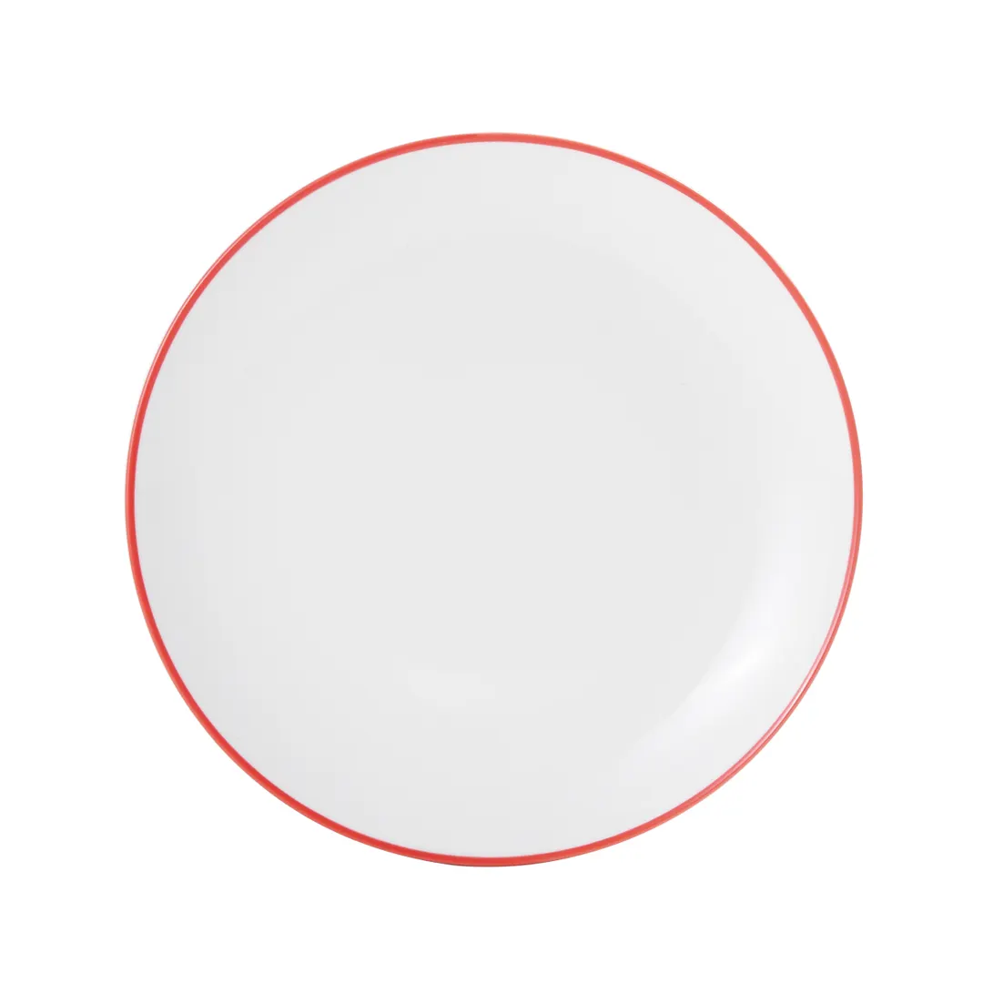 Mikasa 5260284 China Plate, 8" Dia., Round, Coupe Rim, White with Red Band, Vitrified Porcelain