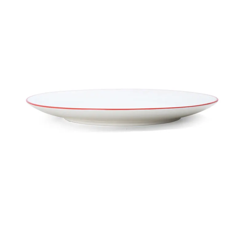 Mikasa 5260286 China Plate, 10" Dia., Round, Coupe Rim, Vitrified Porcelain, White with Red Band