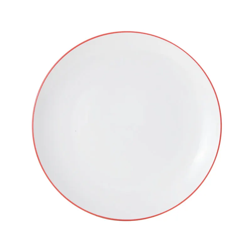 Mikasa 5260286 China Plate, 10" Dia., Round, Coupe Rim, Vitrified Porcelain, White with Red Band