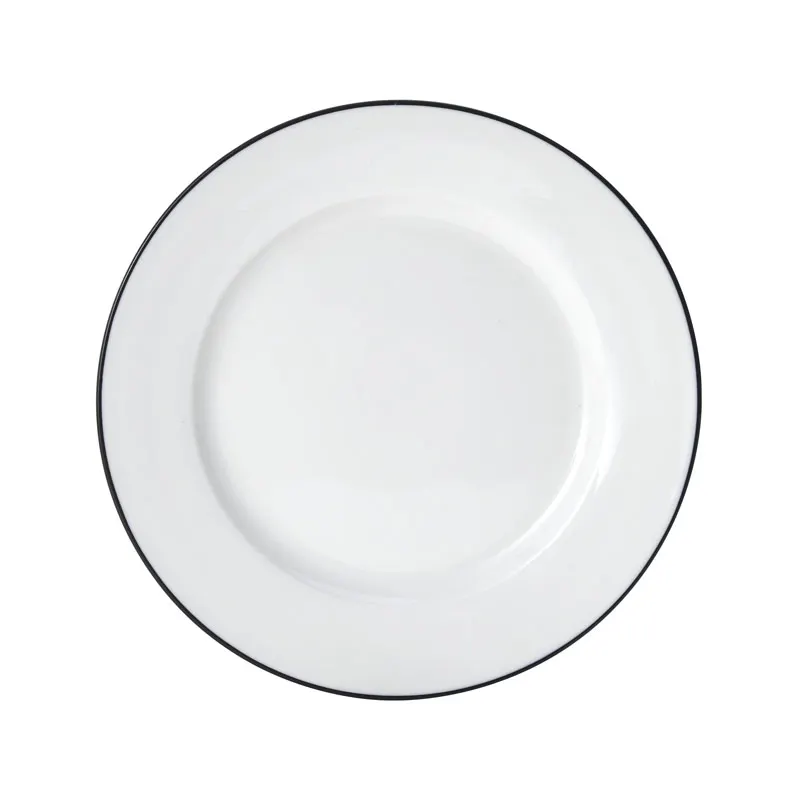 Mikasa 5260367 China Plate, 8" Dia., Round, Wide Rim, White with Black Band, Vitrified Porcelain