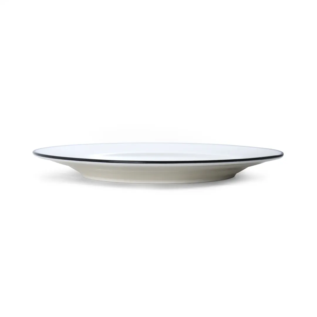 Mikasa 5260368 China Plate, 9" Dia., Round, Wide Rim, Vitrified Porcelain, White with Black Band