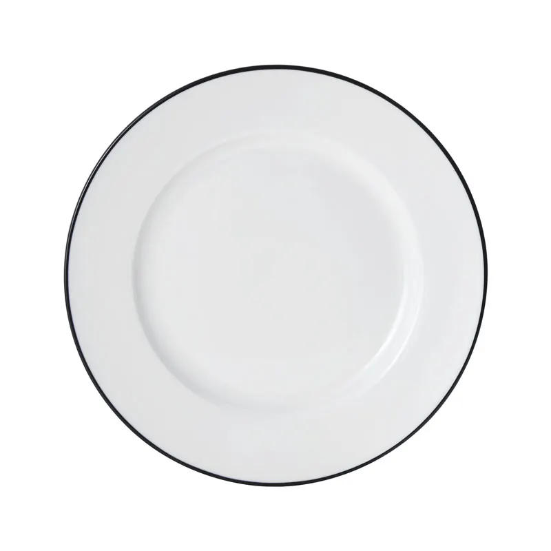 Mikasa 5260368 China Plate, 9" Dia., Round, Wide Rim, Vitrified Porcelain, White with Black Band