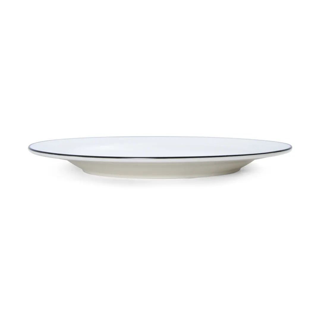 Mikasa 5260369 China Plate, 11" Dia., Round, Wide Rim, White with Black Band, Vitrified Porcelain