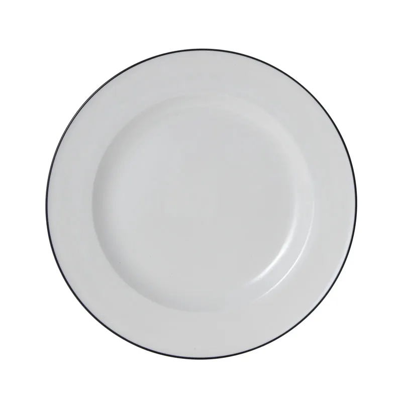 Mikasa 5260369 China Plate, 11" Dia., Round, Wide Rim, White with Black Band, Vitrified Porcelain