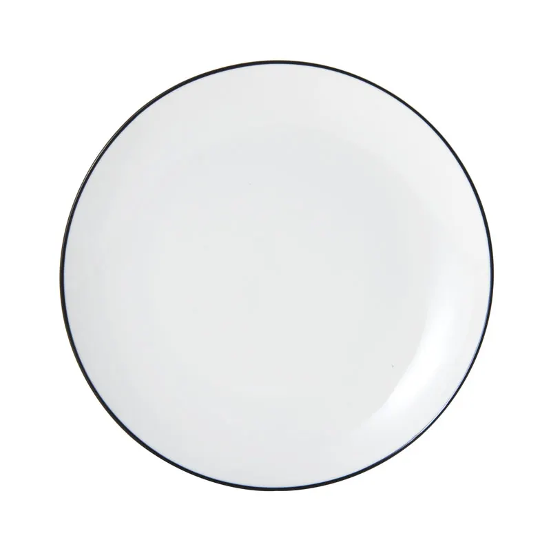 Mikasa 5260370 China Plate, 8" Dia., Round, Coupe Rim, Vitrified Porcelain, White with Black Band