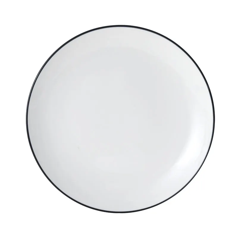 Mikasa 5260381 China Plate, 9" Dia., Round, Coupe Rim, Vitrified Porcelain, White with Black Band