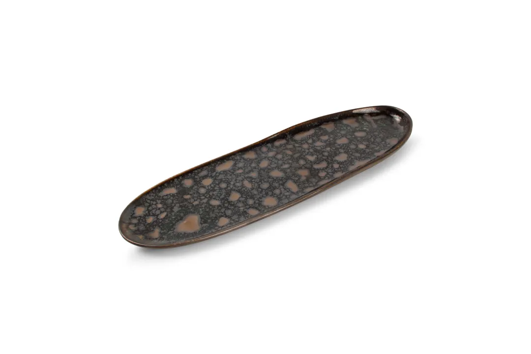 Chic 5314849 Oval Porcelain Platter, 12.9" x 3.7", Black with Gold Trim, Dishwasher & Microwave Safe
