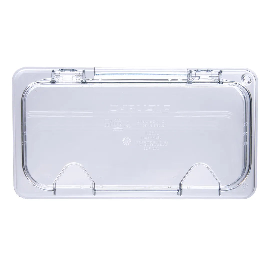Carlisle 10280Z07 StorPlus Universal Lid, 1/3 Size Pan, Polycarbonate Clear, Hinged, Notched, Handle