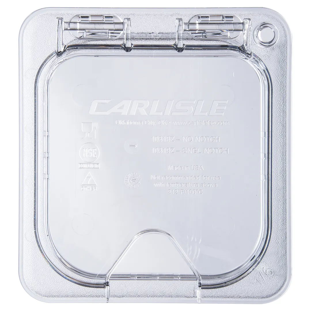 Carlisle 10319Z07 Universal Lid, 1/6 Size Polycarbonate Clear, Hinged, Notched, Peg Hole & Handle