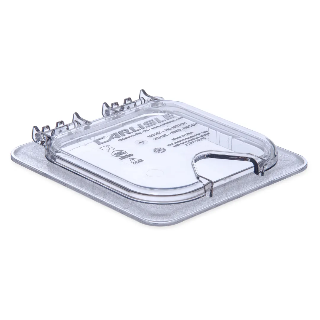 Carlisle 10319Z07 Universal Lid, 1/6 Size Polycarbonate Clear, Hinged, Notched, Peg Hole & Handle