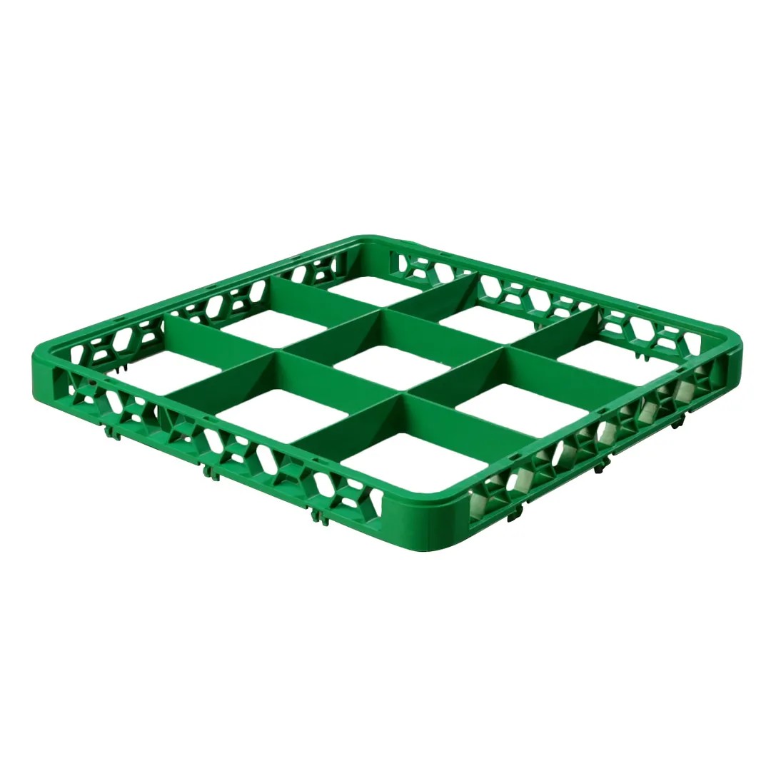Carlisle RE9C09 OptiClean Divided Glass Rack Extender - Full-Size 9-Compartment (5-13/16" x 5-13/16"), Green Color-Coded, Double-Wall Reinforced Polypropylene, Textured Finish, Positive Stacking & Four-Way Tracking