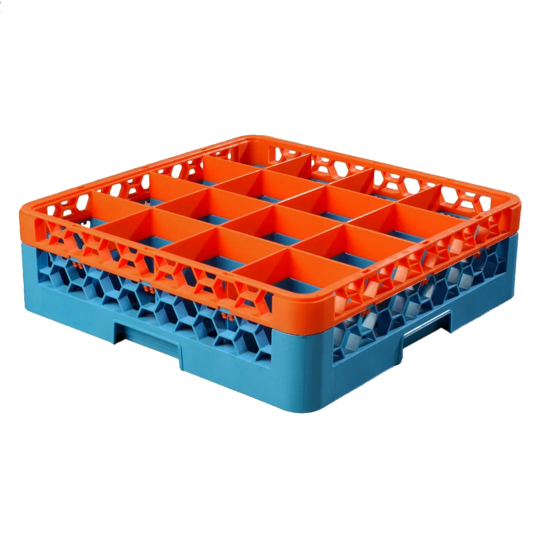Carlisle RG16-1C412 OptiClean Dishwasher Glass Rack, 16‑Compartment Orange/Blue, 5" Height, Quick‑Drain, NSF
