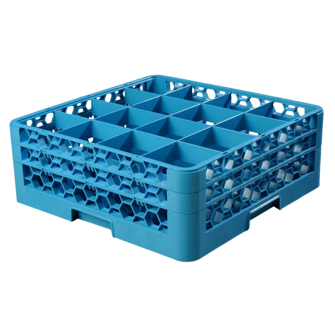 Carlisle RG16-214 OptiClean™ Dishwasher Glass Rack, 16-Compartment (4-7/16" x 4-7/16"), Blue Polypropylene with Textured Finish, 4-3/16" Diameter Capacity, 6-3/4" Height, Double-Wall Construction