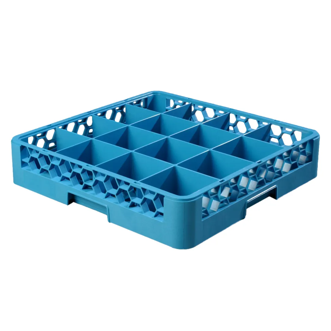 Carlisle RG1614 OptiClean™ Dishwasher Glass Rack, 16-Compartment (4-7/16" x 4-7/16"), Blue Polypropylene, Textured Finish, 4-3/16" Max Dia., 3-1/4" Height, Double-Wall, Quick Draining, Positive Stacking, Comfort Curve Handles