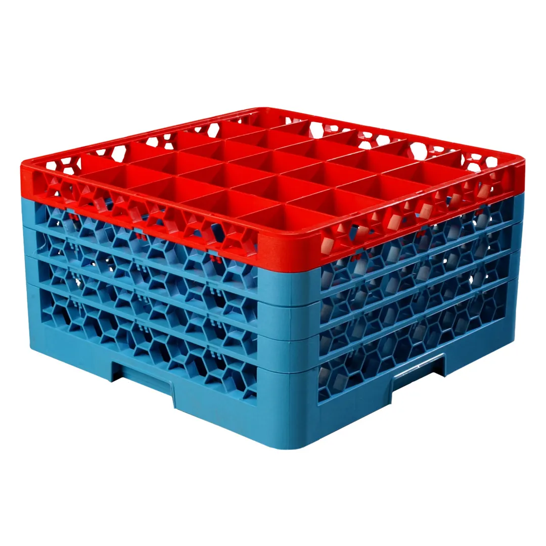 Carlisle RG25-4C410 OptiClean Dishwasher Glass Rack, 25‑Compartment Red/Blue, 3‑¼" Ø, Drain, Handles