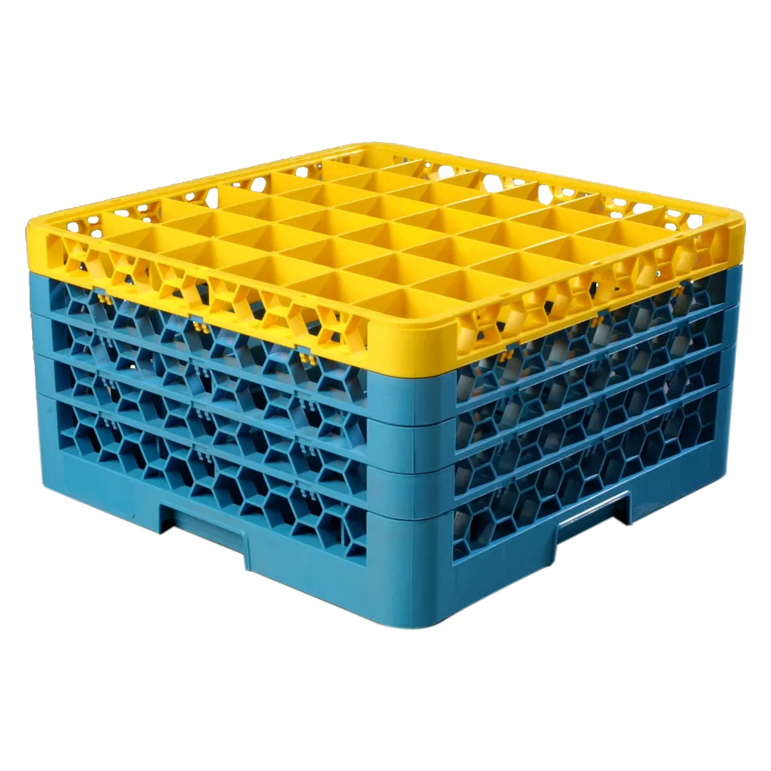 Carlisle RG36-4C411 OptiClean™ Glass Rack, 36 Compartments (2-15/16" x 2-15/16"), Yellow/Blue Color-Coded Extenders, Holds Glasses Up to 2-11/16" Diameter, 10-1/4" Height, Double-Wall Construction, Polypropylene, Textured Finish