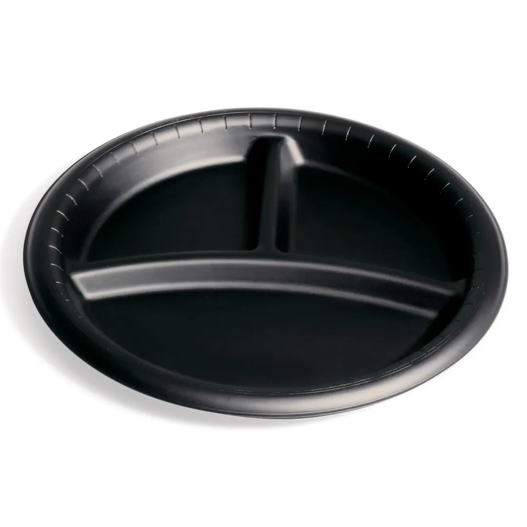 Dinex DXHHPL93C03 - 9" Round Plate, 3‑Compartment, Black Polypropylene, Heat‑Safe, Recyclable - 1/Case