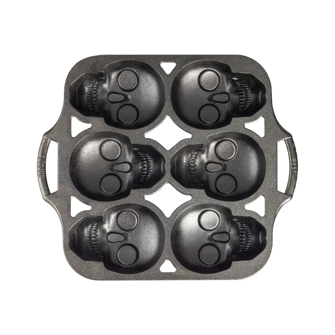 Lodge BWSKULL Mini Cake Pan, 12" x 11-1/2" x 1-1/10", 7 Skull Cake, Cast Iron, PFOA/PTFE Free