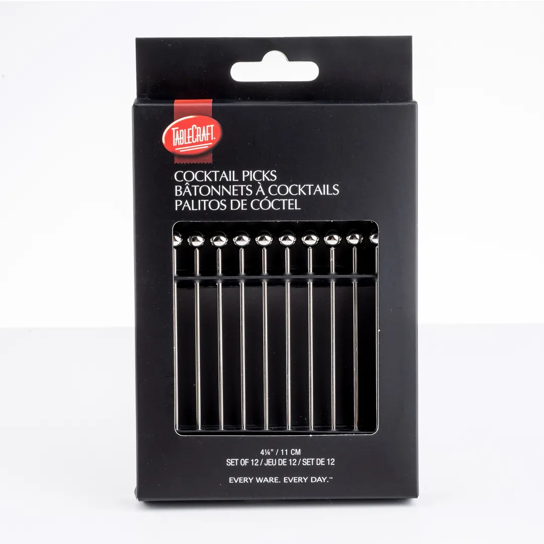 TableCraft Products 12255 18/8 Stainless Steel Cocktail Picks, 4.25" Long, Set of 12 - 12/Pack