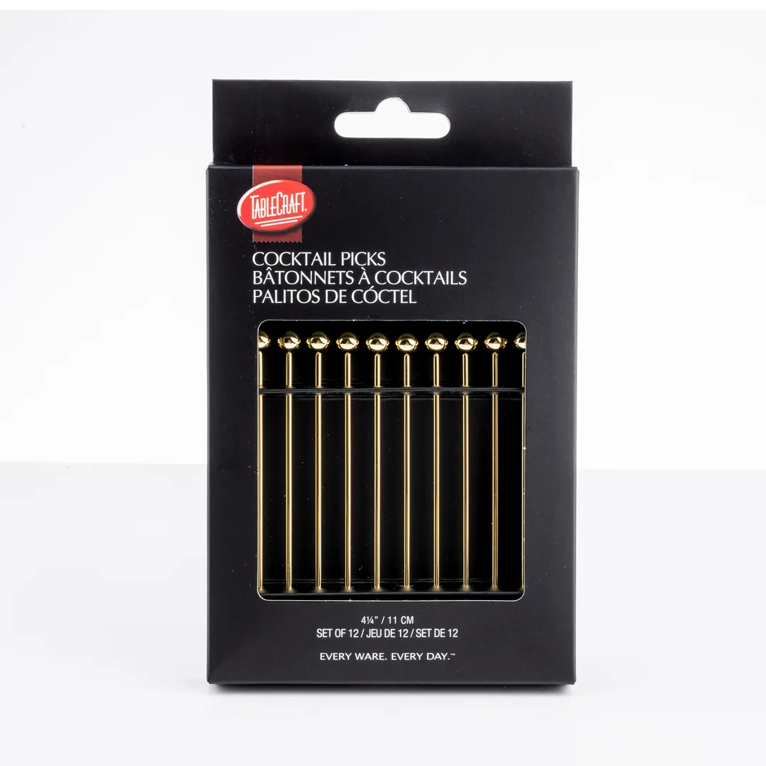 TableCraft 12256 Gold Cocktail Picks 4.25" Stainless Steel Set of 12 - 12/Pack