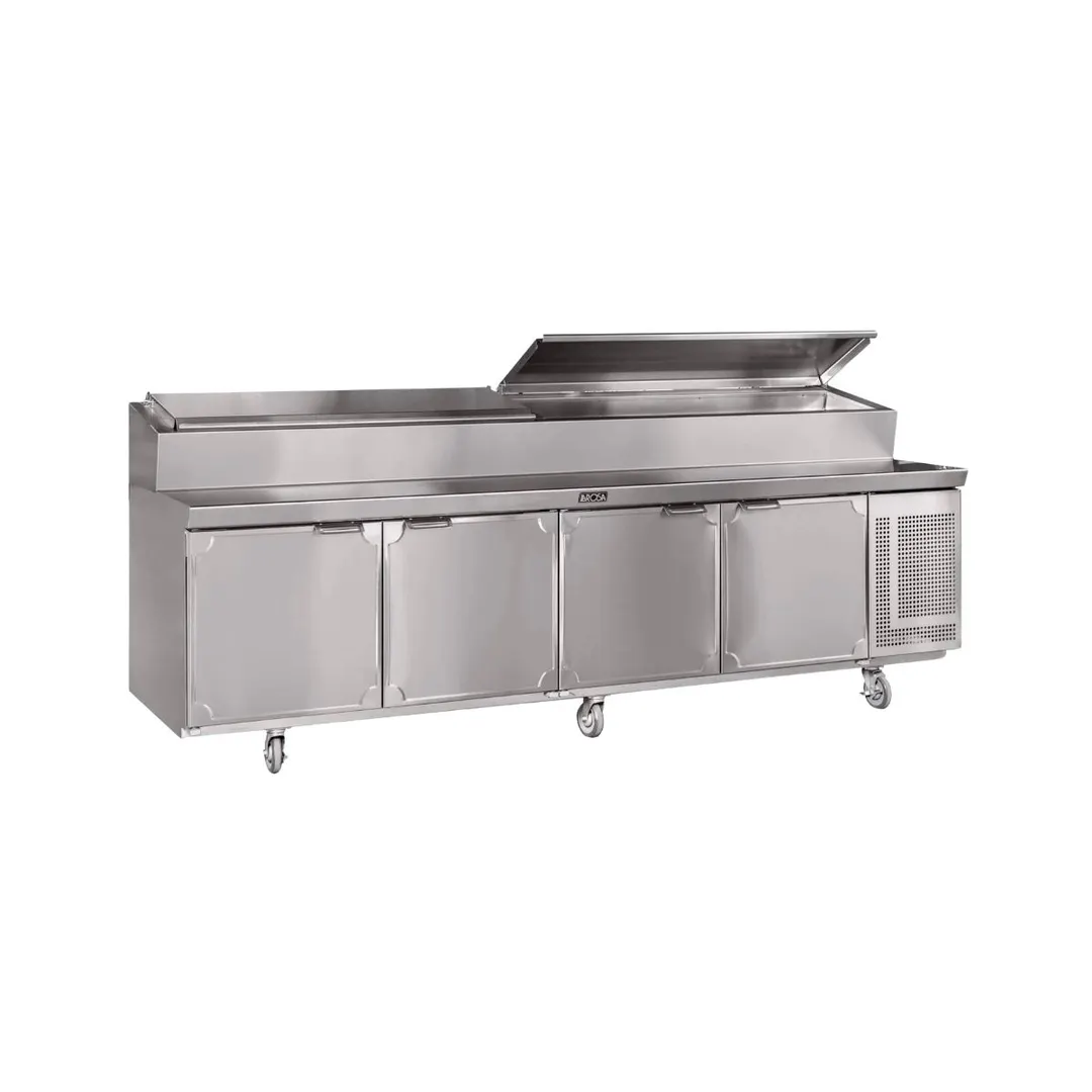 La Rosa L-14112-28 112" Refrigerated Pizza Prep Table, 4-Door, 15 Pans 1/3 Size