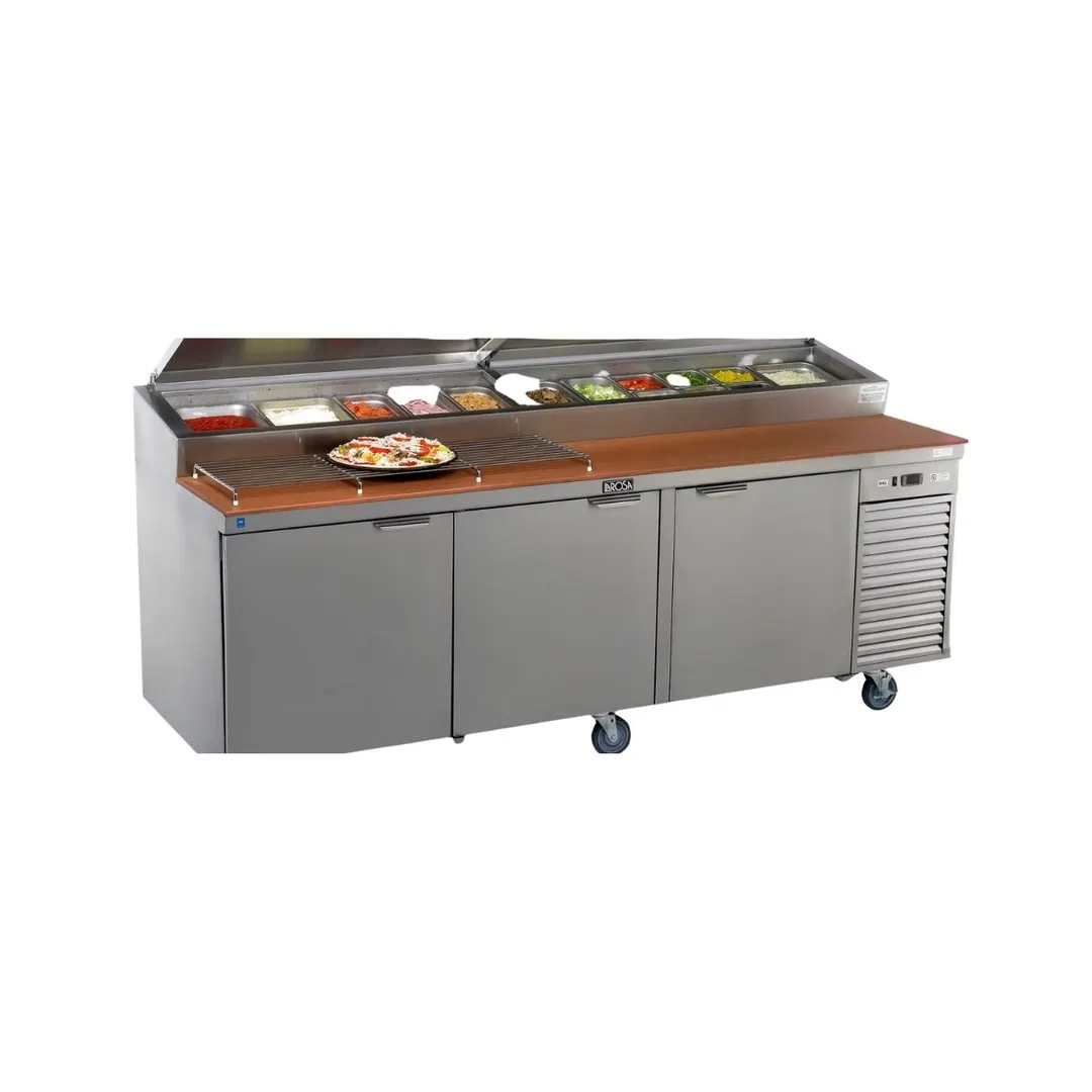 La Rosa L-14192-32 92" Refrigerated Pizza Prep Table, 4-Section, 3-Door, 16 Gauge Stainless Steel, 12 Pans