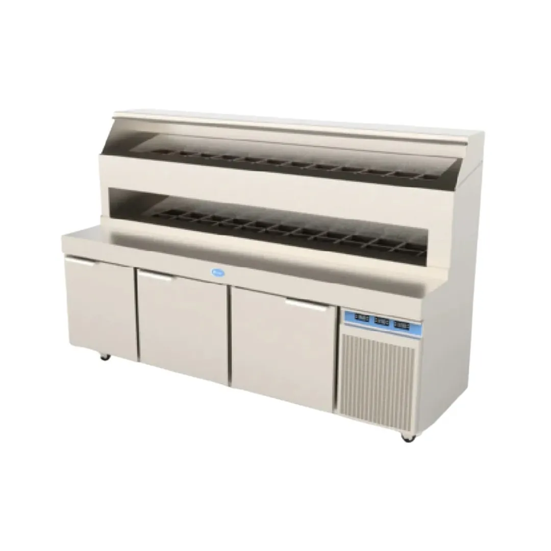 Randell 8396D-290 96" 3 Doors Refrigerated Pizza Prep Table, (25) 1/3 Size Pans