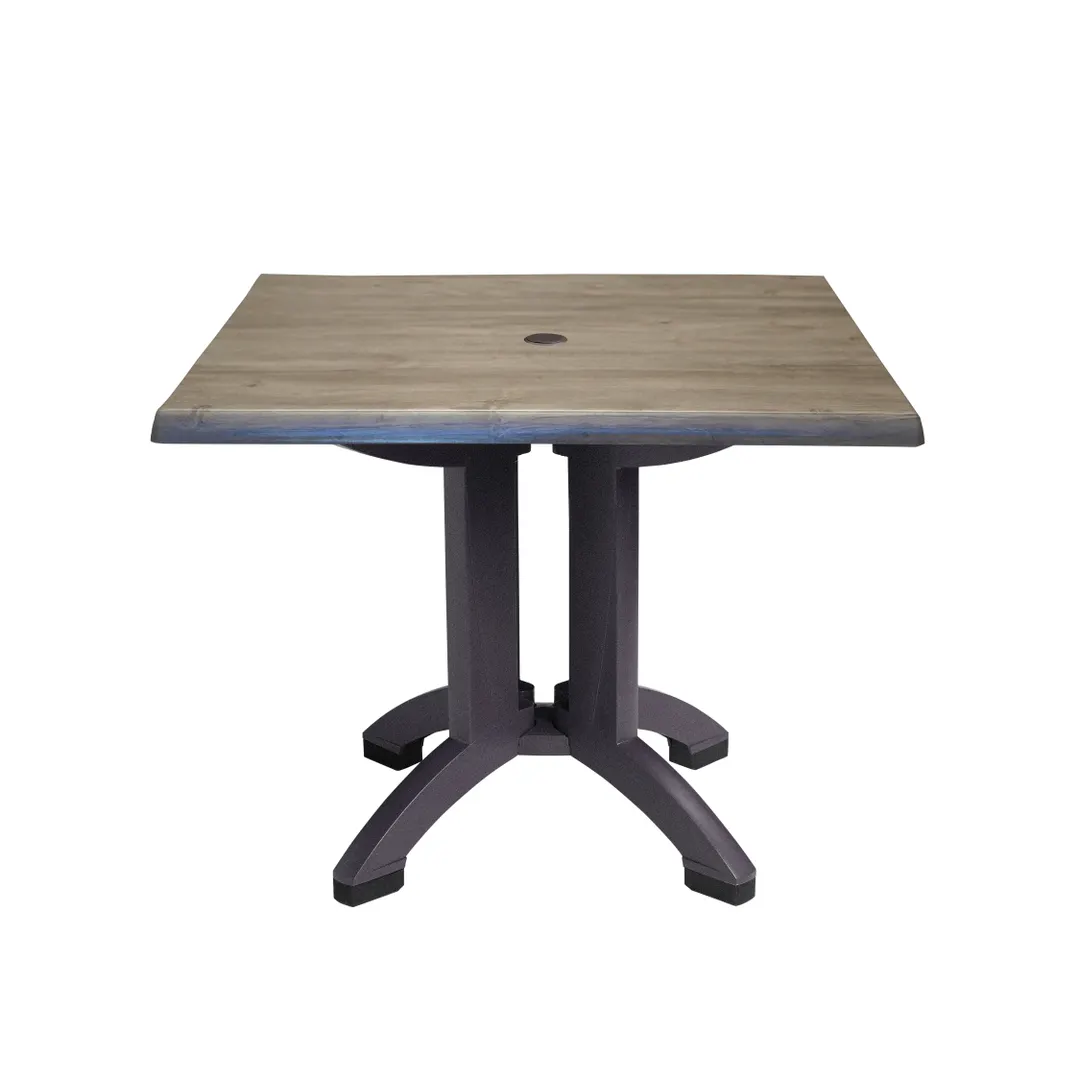 Grosfillex UT370742 Atlanta Outdoor Table, 32" x 32" Square Resin Top with UV-Resistant Textured Wood Grain, Aged Oak Finish, 28-2/5"H Balcony Pedestal Base, Umbrella Hole – Commercial Restaurant Patio Furniture