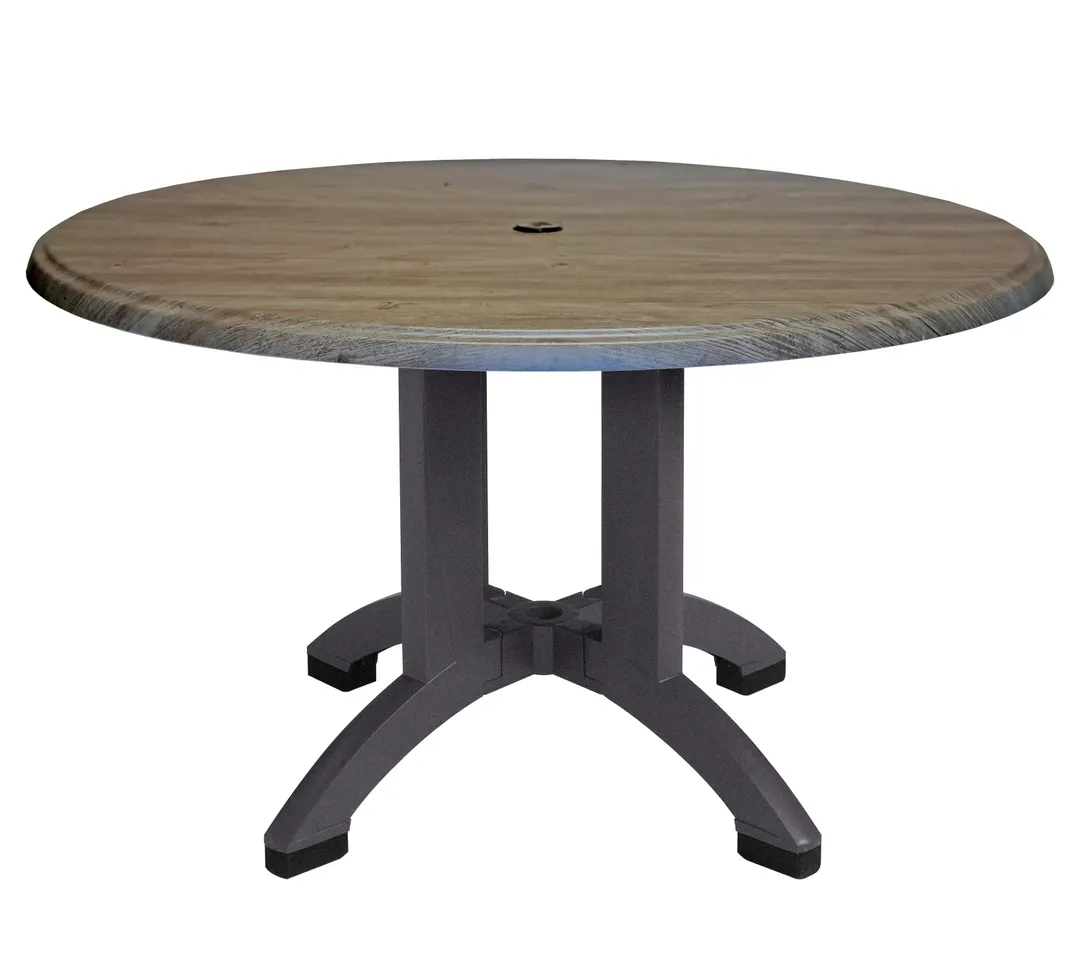 Grosfillex UT380742 Atlanta Outdoor Table, 42" Diameter x 28-2/5"H, Round Resin Top with Balcony Pedestal Base, Umbrella Hole, UV Resistant Textured Wood Grain Satin Finish, Aged Oak