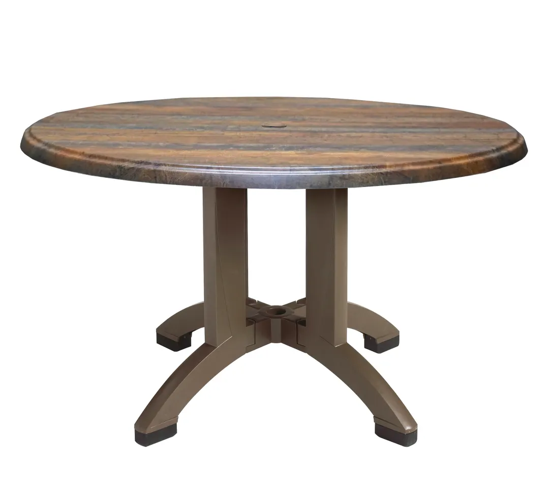 Grosfillex UT380816 Atlanta Outdoor Table, 42" Diameter x 28-2/5"H, Round Molded Melamine Top with Balcony Pedestal Base, Umbrella Hole, UV Resistant Resin, Textured Wood Grain Satin Finish
