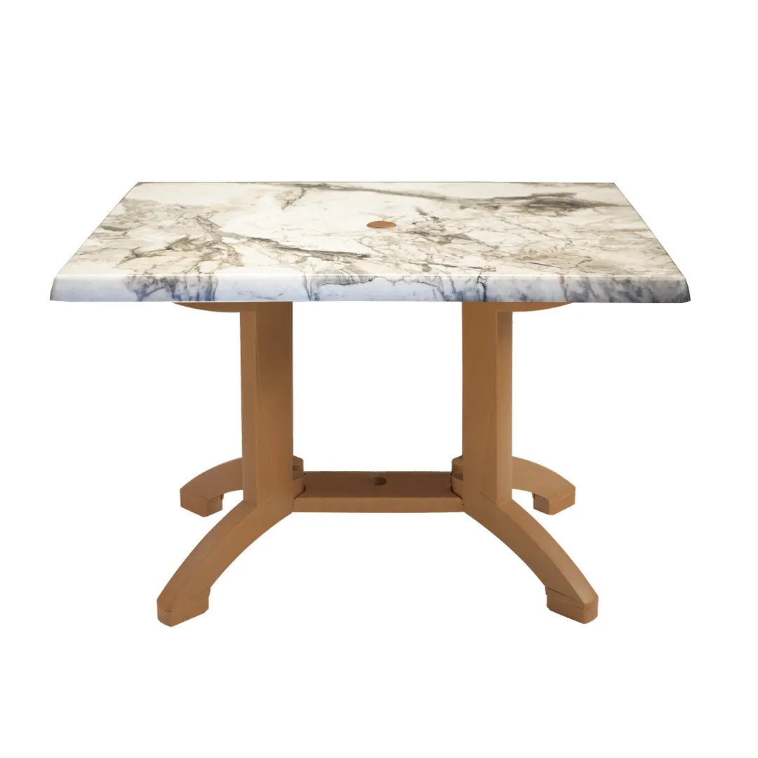 Grosfillex UT385815 Outdoor Table, 48"x32"x28-2/5"H Rectangle, Melamine Pedestal Base, Umbrella Hole, UV Resistant Resin, Textured Wood-Grain Satin Finish, Almeria, Made in France