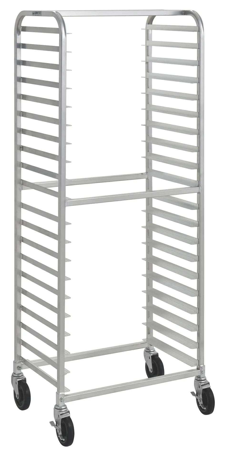 Hubert 185985 Kratos Aluminum Side-Load Bun Pan Rack, 28.25"W x 18"D x 69"H, 20-Pan Capacity, 18 Gauge Welded, Freezer Safe, 4 5" Swivel Casters (2 Locking), NSF