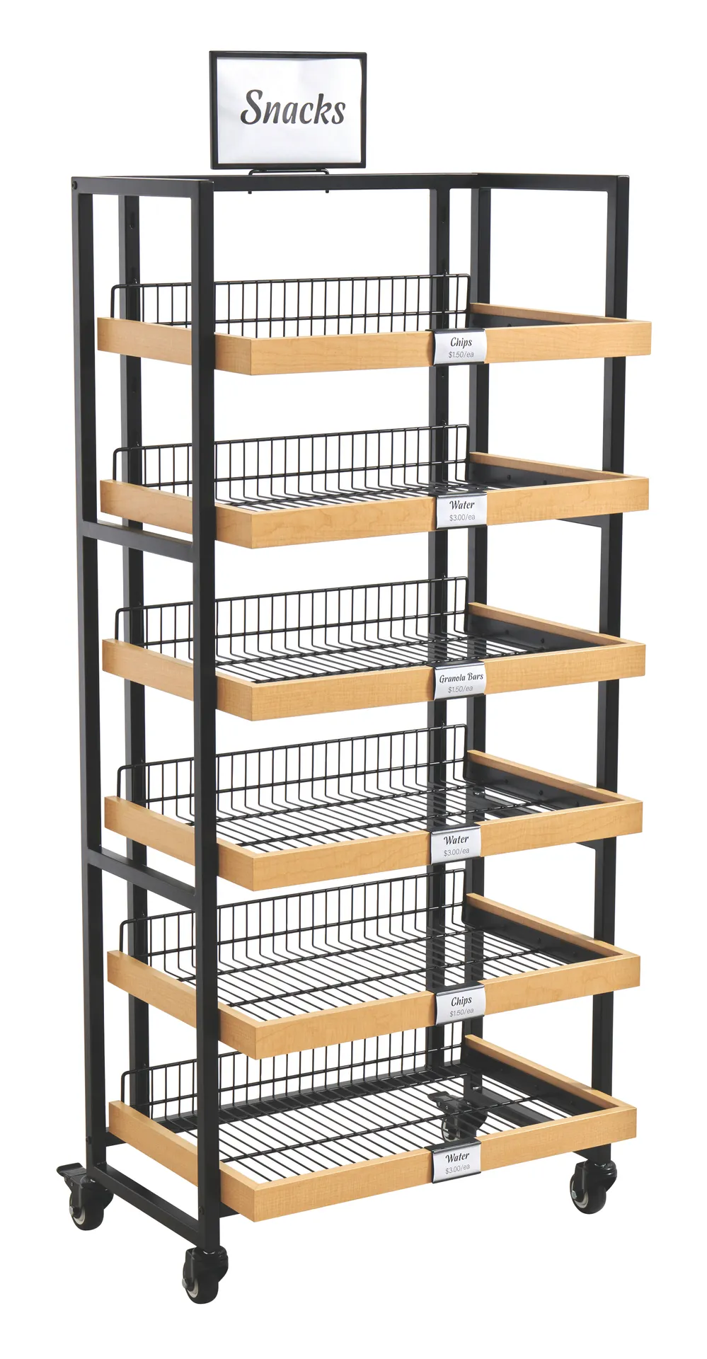 Hubert 219926 Modular Mobile Wire Shelving Unit, 30"W x 19-3/4"D x 74-1/4"H, 6 Shelves, 132 lbs, Maple Laminate MDF, Black Powder Coated Steel Frame, 4 Casters (2 Locking), Includes Sign Holder