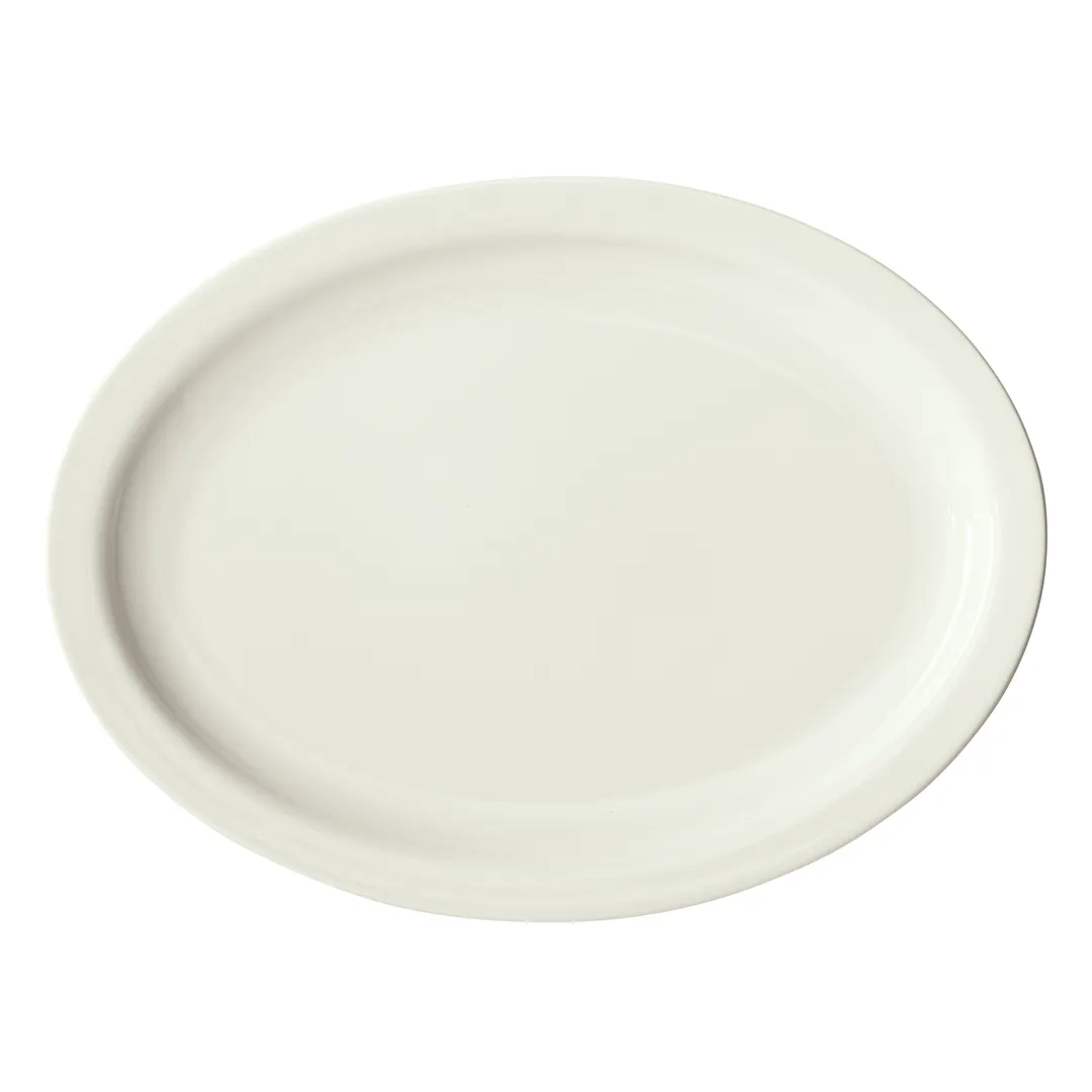 Winco BPO-13NR-AW Oval Porcelain Platter, 13" x 10-1/8" x 1-1/8", American White, Narrow Rim - 1 Dozen